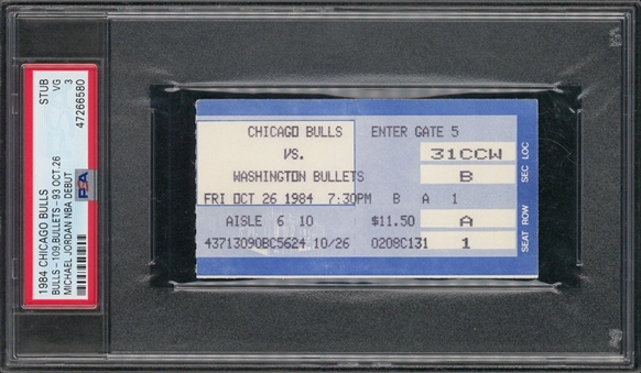 Worlds Finest 1984 Michael Jordan NBA Debut Ticket Stub Chicago Bulls vs Washington Bullets 10/26/1984 - PSA VG 3